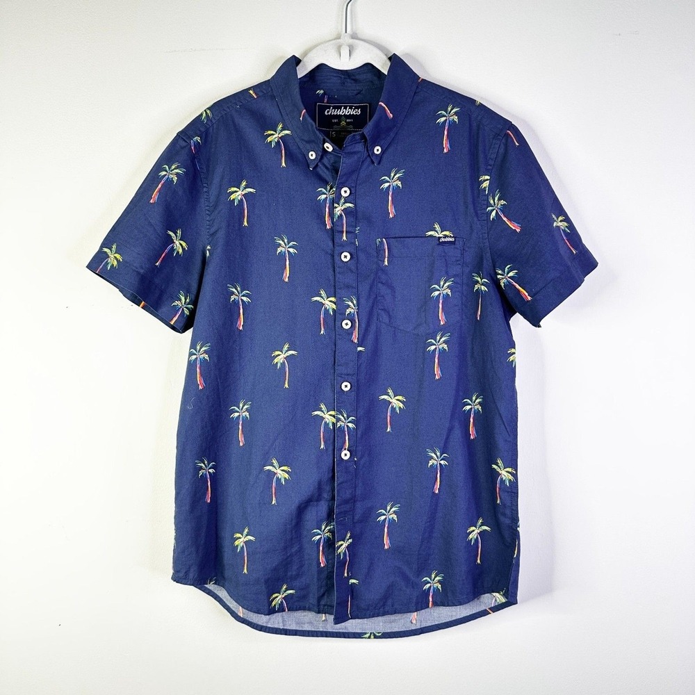 Chubbies Shirt Men S Navy Button Down Short Slv Palm Trees Cotton Classic Preppy